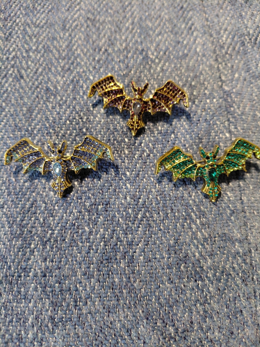 Gold Bat Crystal Pin Trio - Green, Purple, Blue